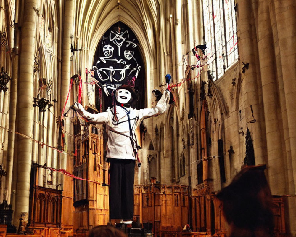 Performer in white mask suspended by colorful ribbons in Gothic cathedral