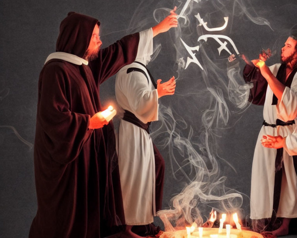 Monk robes clad figures in mystical ritual with smoking sword