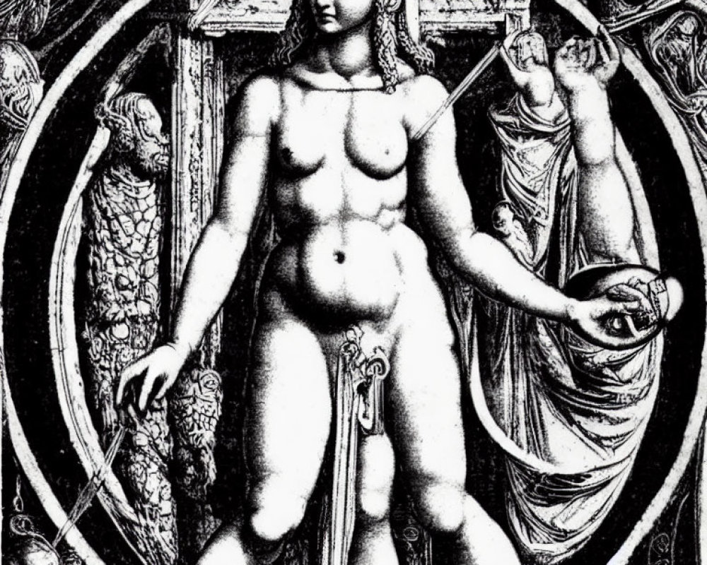 Monochrome classical feminine figure in ornate setting