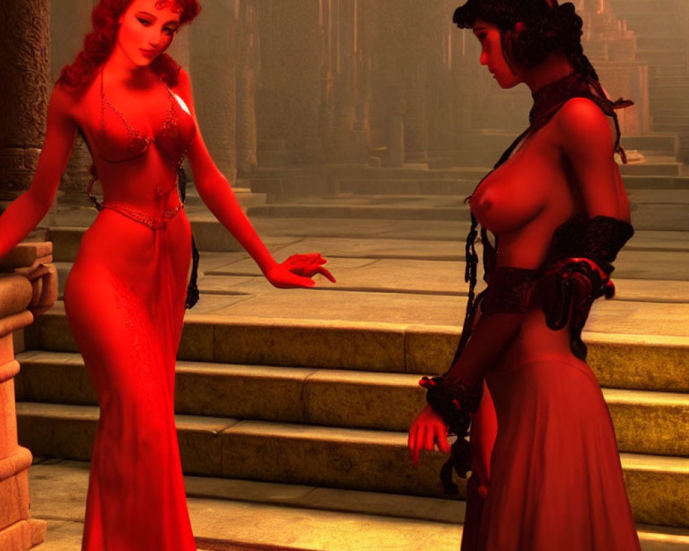 Stylized female characters in elegant dresses meet in grand, dimly-lit temple interior