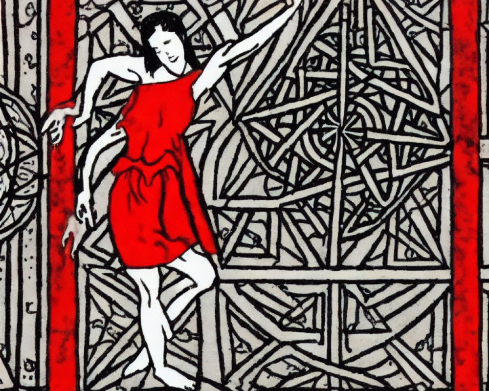 Person in Red Dress on Geometric Background with Red Frame