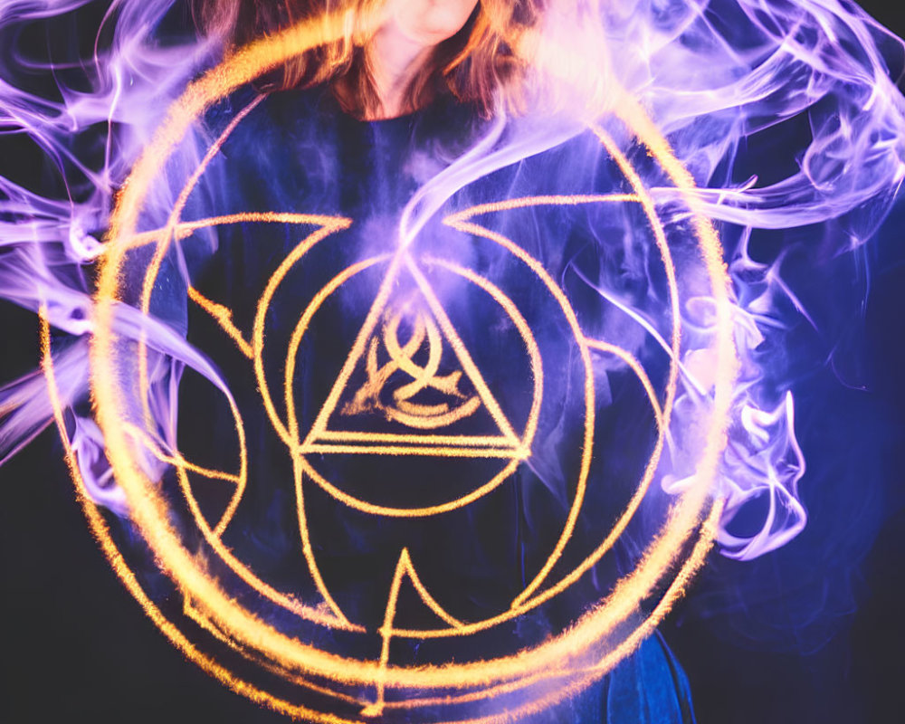Person with obscured face surrounded by blue smoke and golden alchemical symbol.