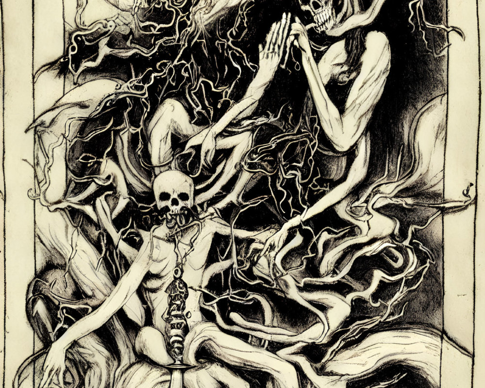Detailed Ink Drawing of Skeletal Figures in Abstract Patterns