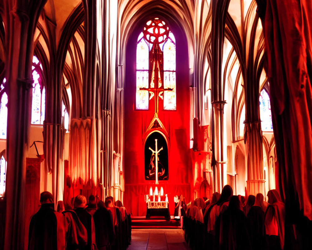Gothic church interior with red lighting, white-robed clerics, altar, and arches