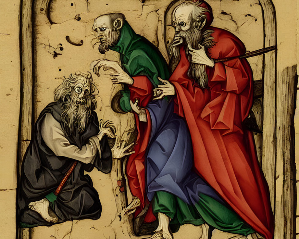Medieval-style painting of three elderly figures in vibrant robes