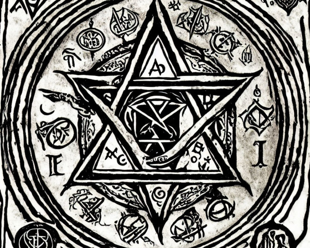 Detailed Black and White Pentagram with Mystic Symbols and Esoteric Motifs