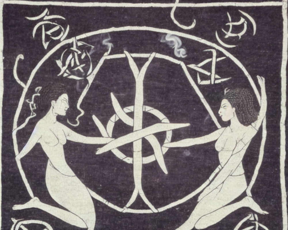 Stylized figures in circular motif with triquetra symbols on textured background