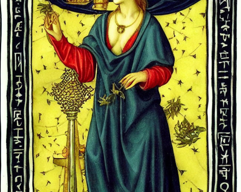 Illustrated woman in blue and red medieval gown with crown, scepter, stars, flowers, al