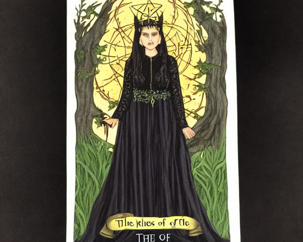 Tarot card: Woman in black robes with crown, full moon, and trees.