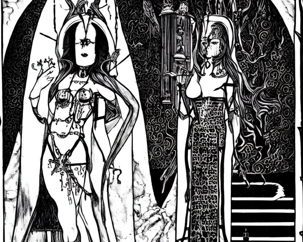 Gothic black and white illustration of two female figures in elaborate outfits in ornate room