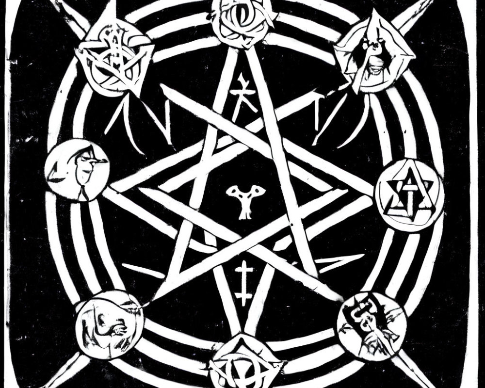 Monochrome pentagram surrounded by occult symbols