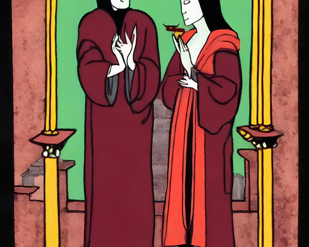 Stylized figures in red robes with blessing gesture, ornate candlesticks on green background