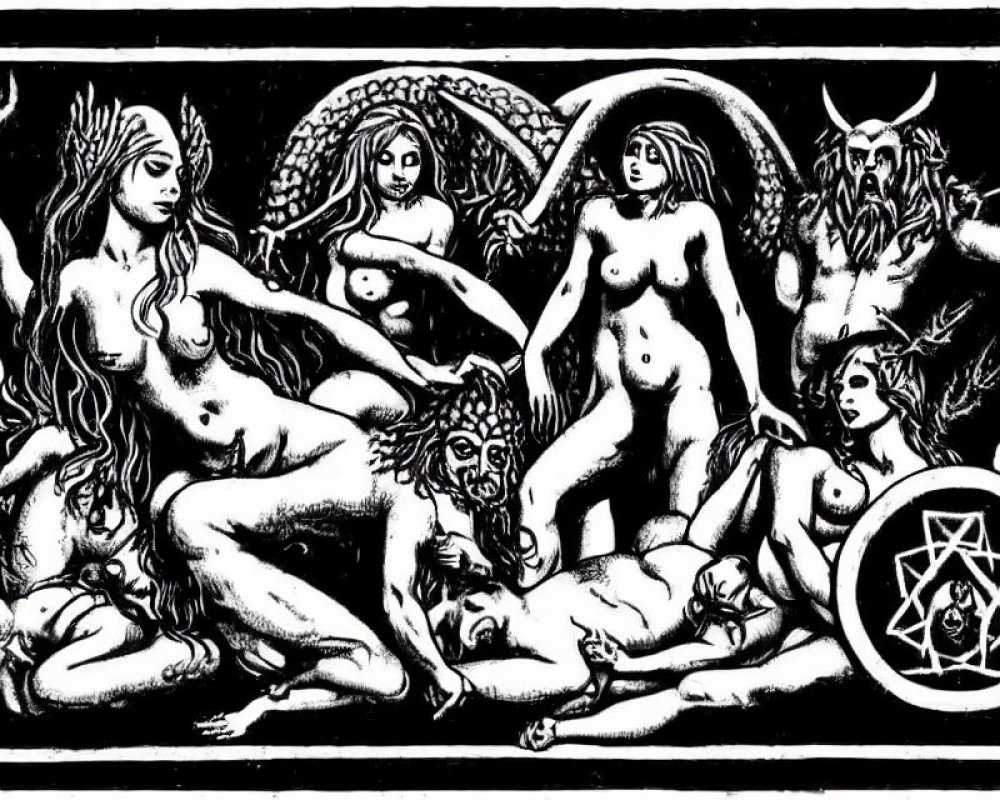 Monochrome mythological figures with horned creature and mystical nude women in ornate border.