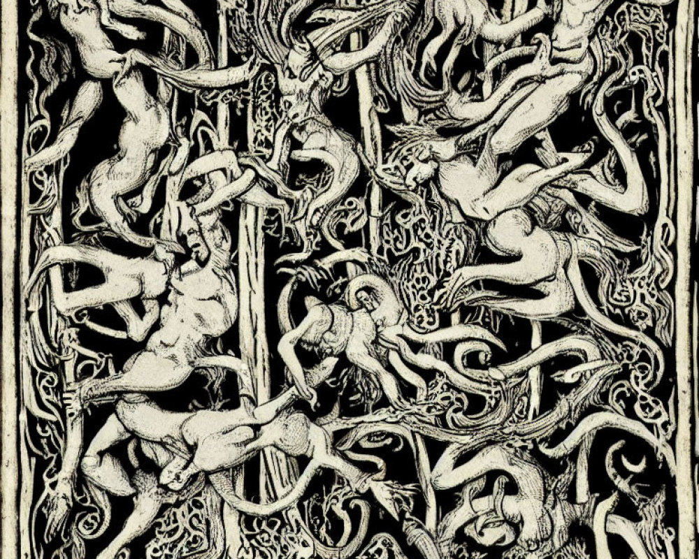 Detailed Black and White Illustration of Mythical Creatures and Foliage