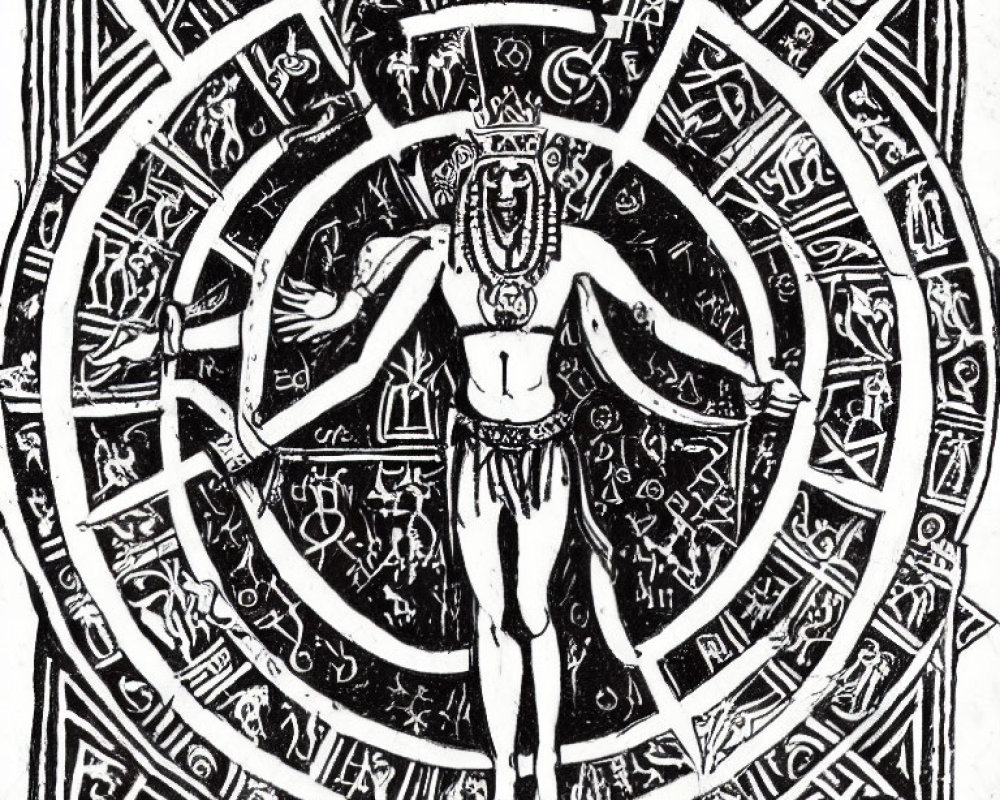 Detailed black and white human figure in circular mandala design.