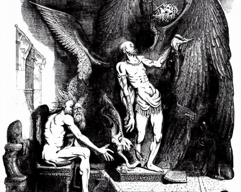 Detailed etching of skeletal figure with wings and bearded old man in dark setting