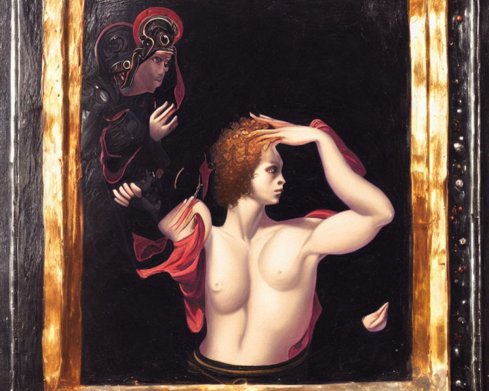 Classical painting featuring bare-chested figure with curly hair and figure in helmet and red cloak