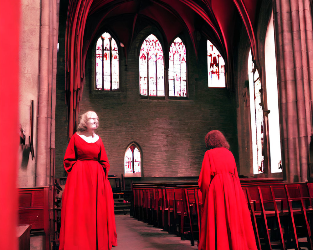 Individuals in Red Gowns in Gothic Church Setting