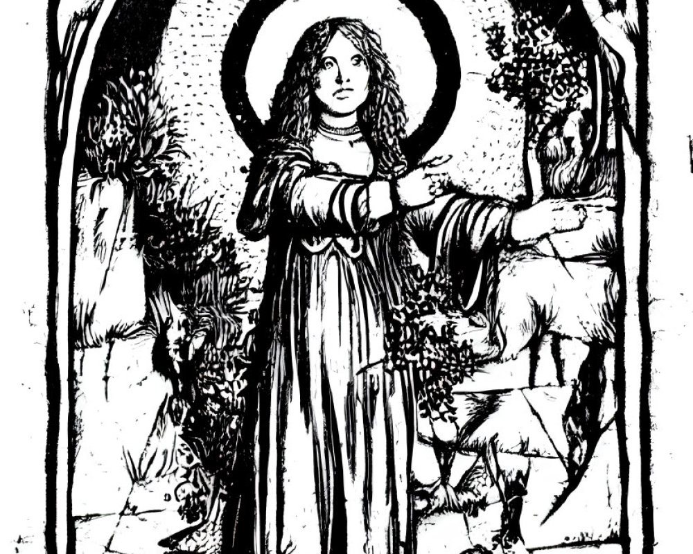 Female figure in robe with halo in archway, surrounded by zodiac symbols and nature.