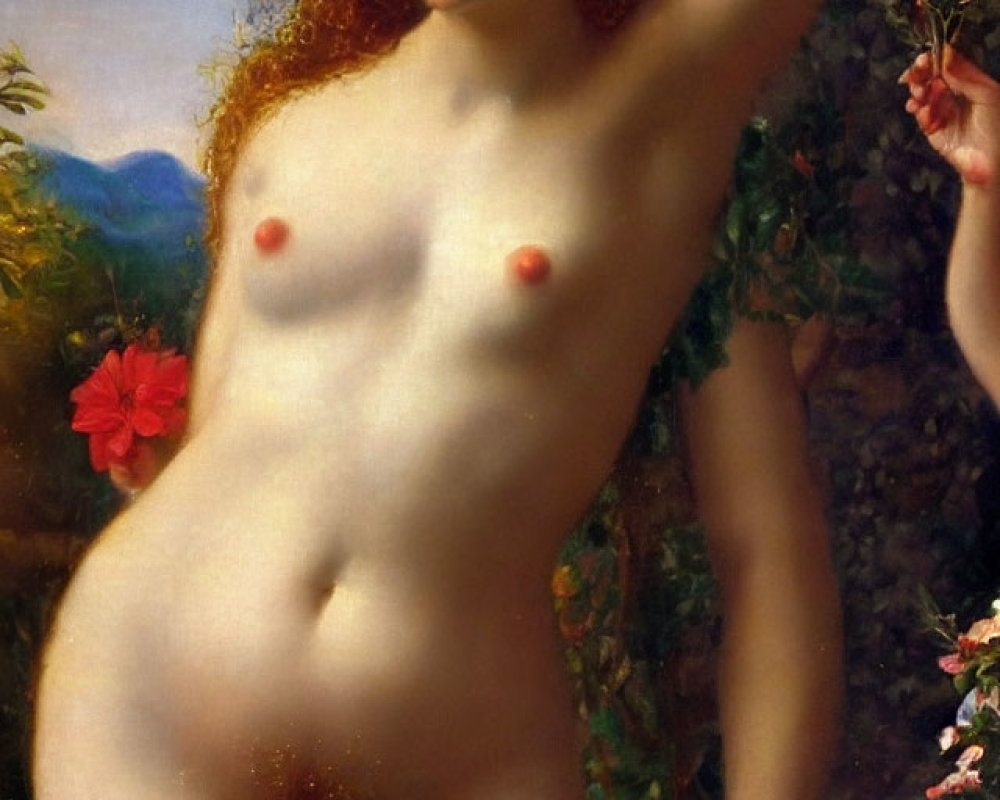 Red-haired nude woman with upraised arm beside pedestal in lush floral setting