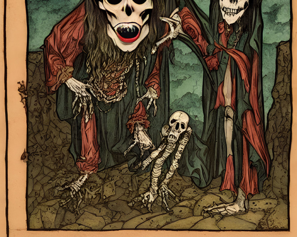 Two skeletal figures in tattered robes with grinning skull faces in spooky setting