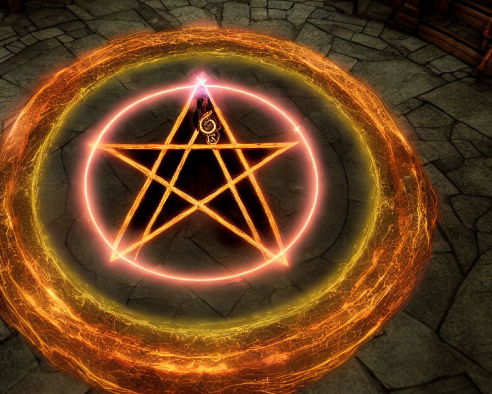 Mystical glowing pentagram on stone floor in dimly lit room