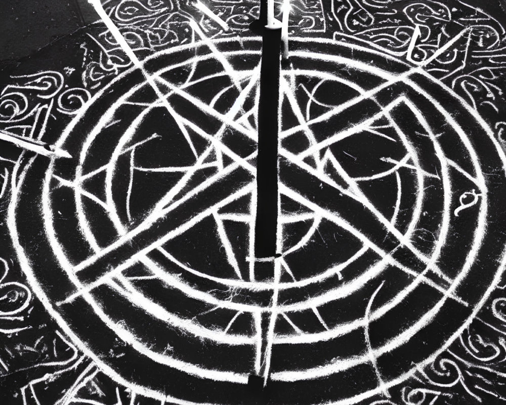 Chalk-drawn pentagram and symbols on asphalt with shadow division