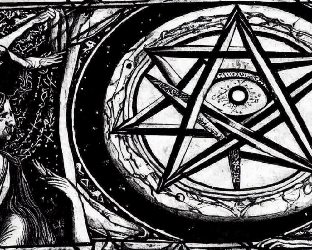 Detailed monochromatic pentagram illustration with mystical symbols and robed figure.