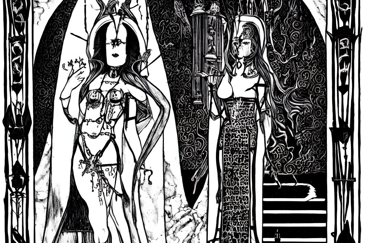 Gothic black and white illustration of two female figures in elaborate outfits in ornate room