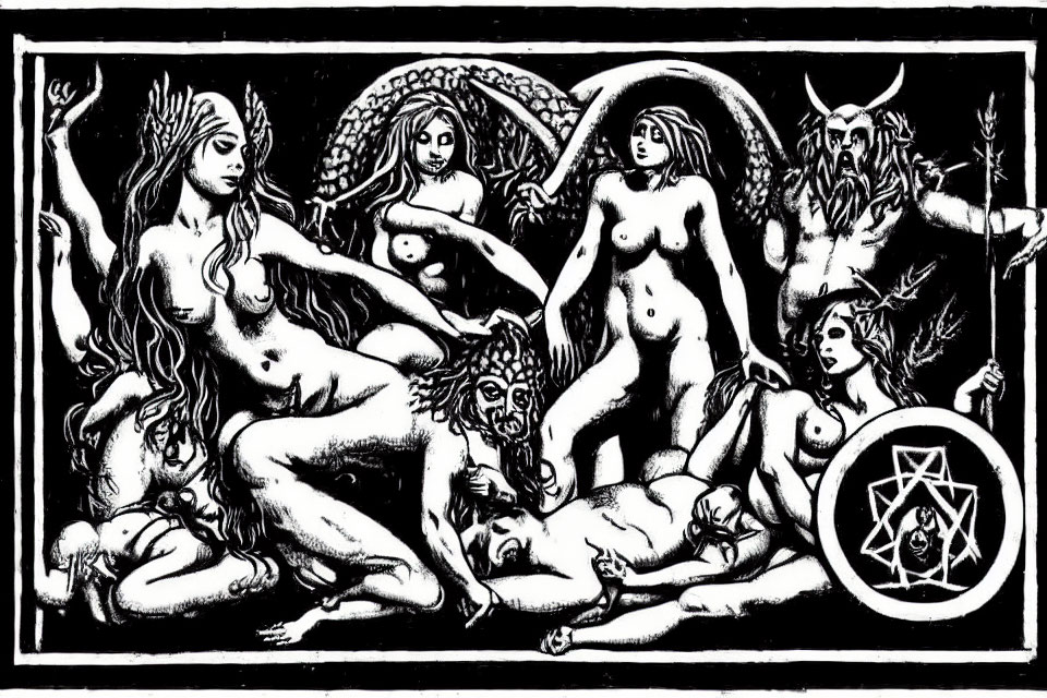 Monochrome mythological figures with horned creature and mystical nude women in ornate border.