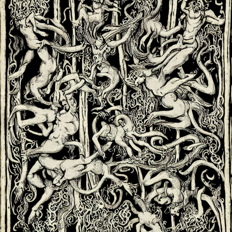 Detailed Black and White Illustration of Mythical Creatures and Foliage