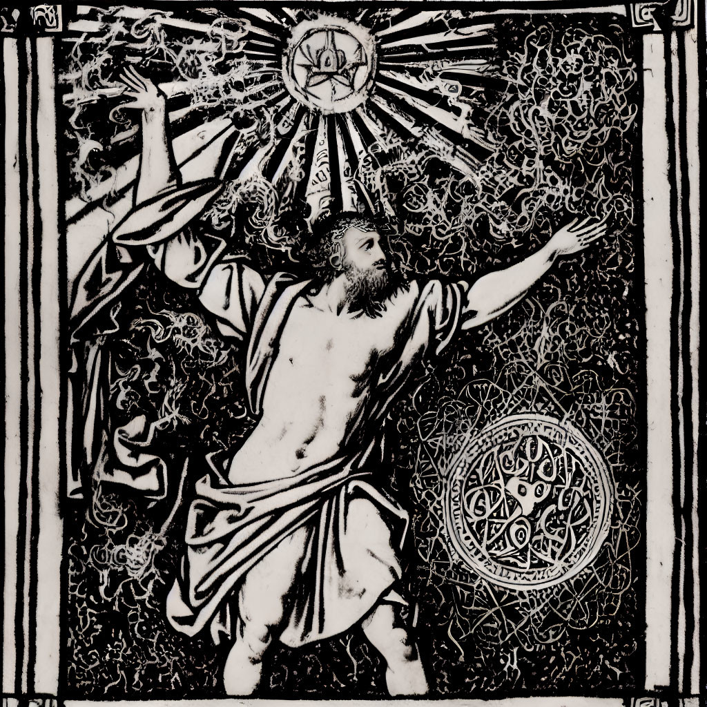 Monochrome illustration of robed figure reaching towards radiant sun with symbolic elements and ornate patterns.