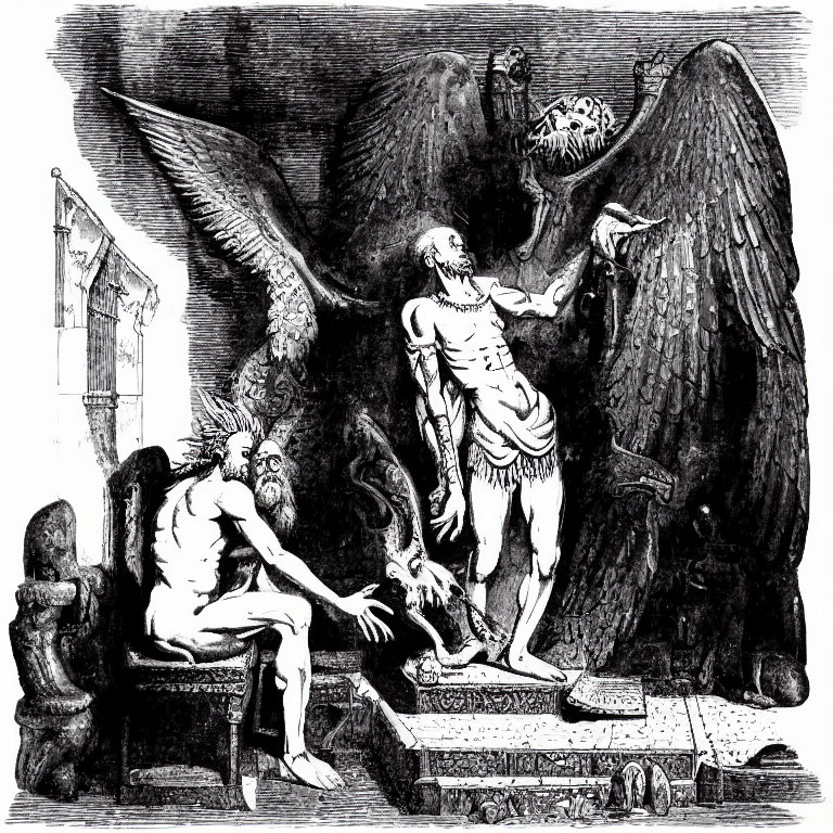 Detailed etching of skeletal figure with wings and bearded old man in dark setting