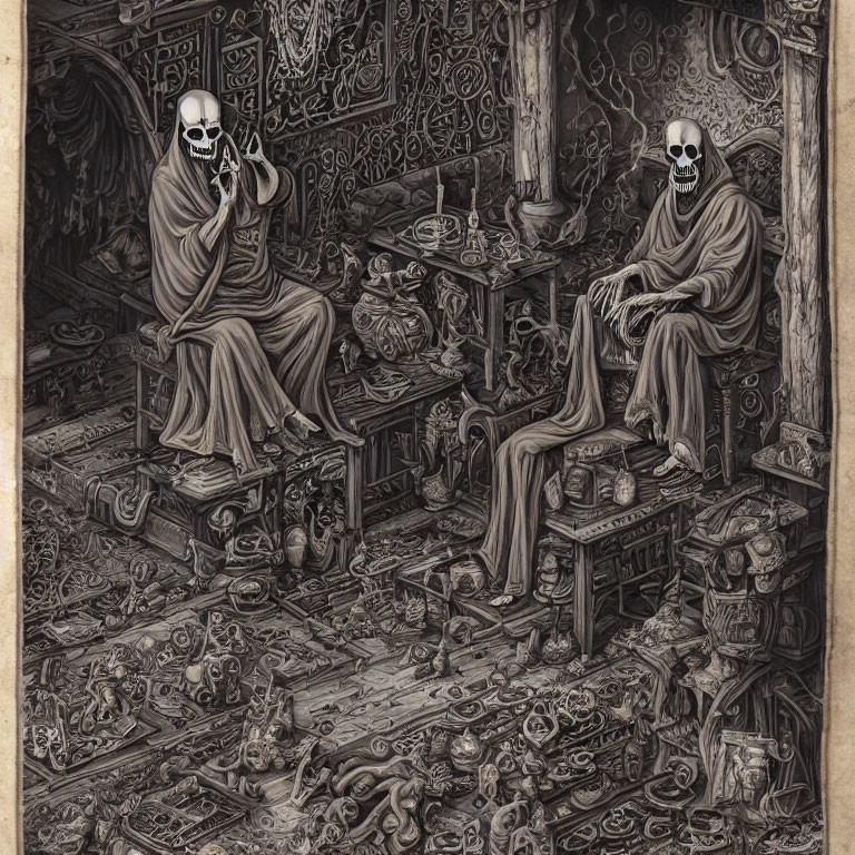 Skeletal figures in robes surrounded by books, candles, and esoteric objects