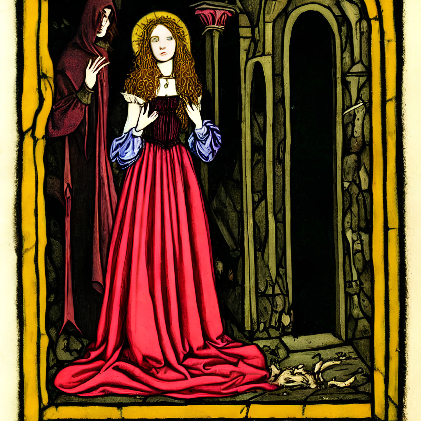 Illustration of woman in red dress with hooded figure in purple in Gothic setting