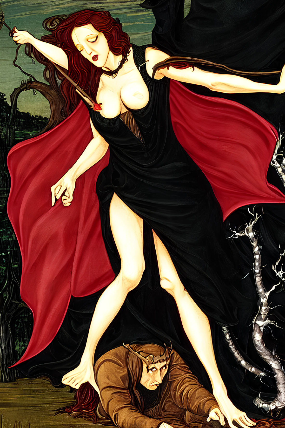 Illustration of woman in red cloak standing over crouched male figure