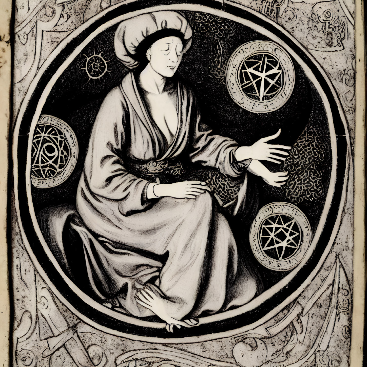 Medieval Illustration of Robed Figure with Halo and Ornate Circular Designs