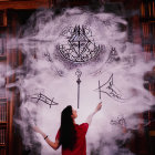 Woman in Red Reaches Mystical Symbol Amidst Smoke and Magical Inscriptions