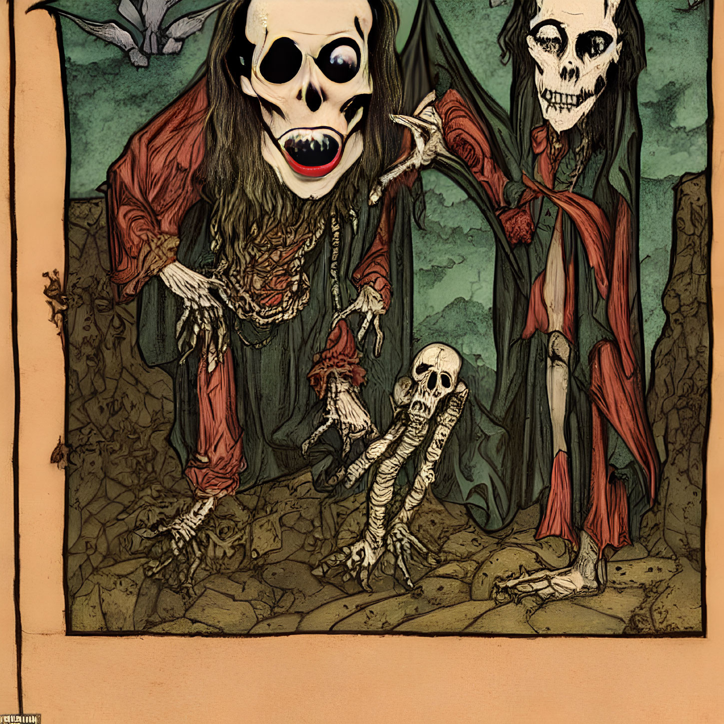 Two skeletal figures in tattered robes with grinning skull faces in spooky setting