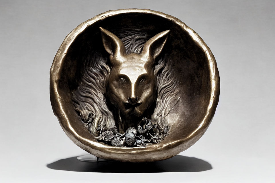 Metal Bowl with Fox Head Relief and Foliage Design
