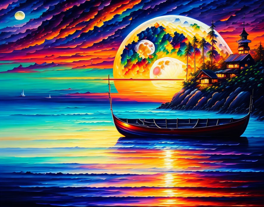 Colorful sunset seascape painting with ship, lighthouse, and planets.