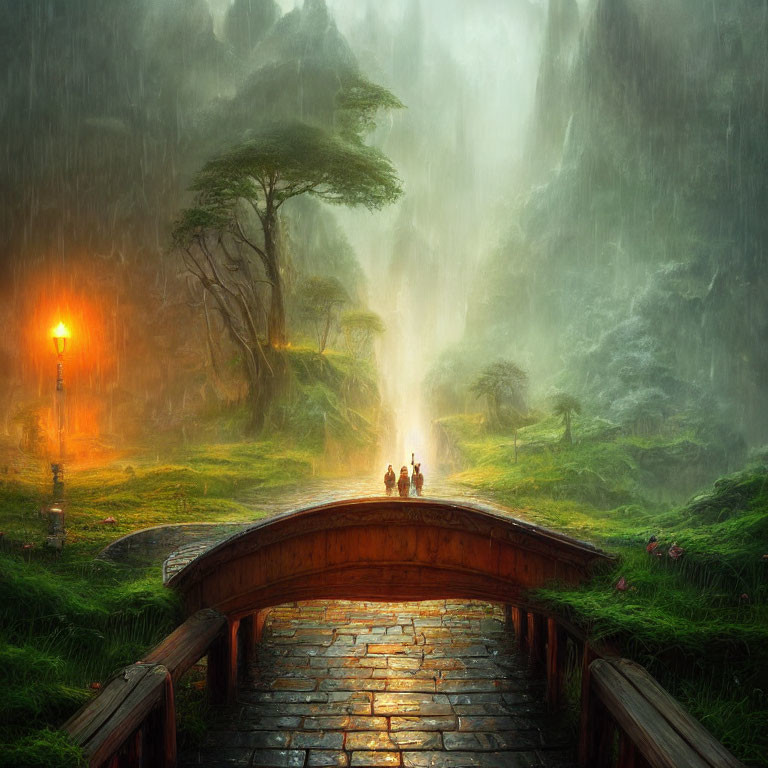 Mystical rain scene: two figures on bridge with lantern, lush greenery, misty cliffs