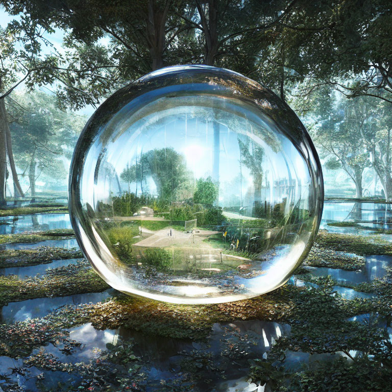 Transparent sphere reflects serene park with water, trees, and bridge