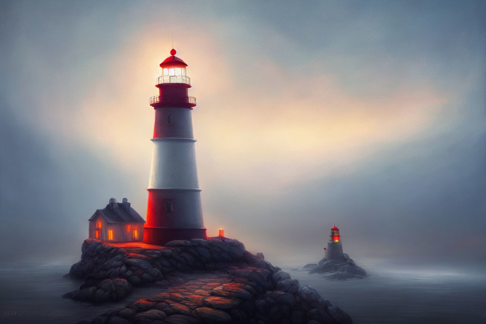 Moody red and white lighthouse with glowing beacon in foggy seascape