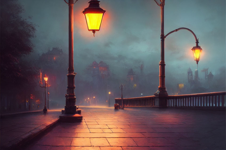 Misty evening on deserted promenade with glowing street lamps