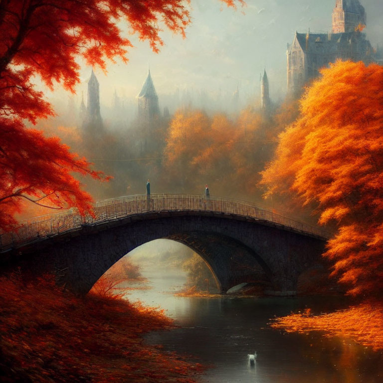 Stone bridge over river in autumn with orange trees and misty castle.