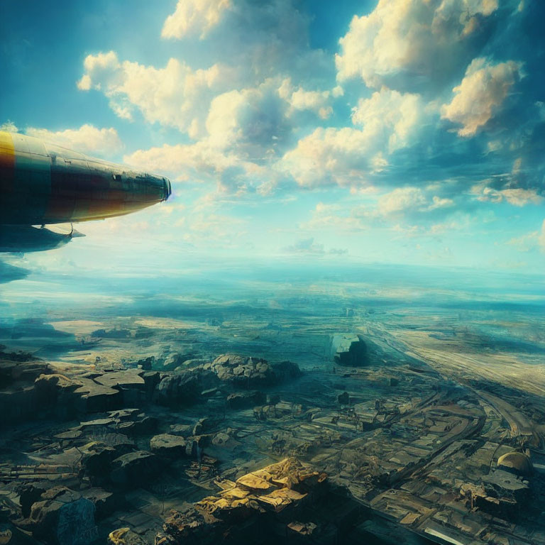 Futuristic airship over desolate landscape with dramatic sky