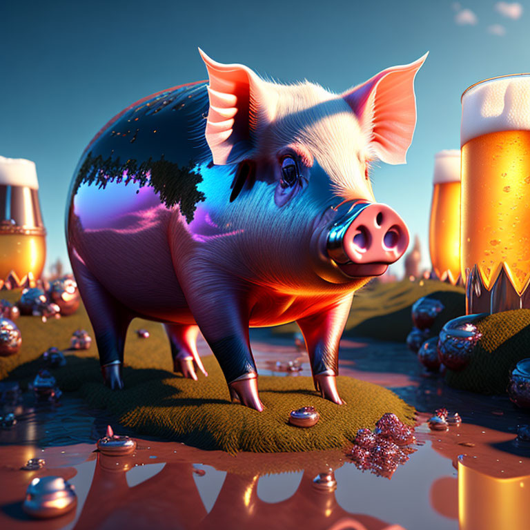 Surreal pig on grass with beer, bubbles, and mountains at twilight