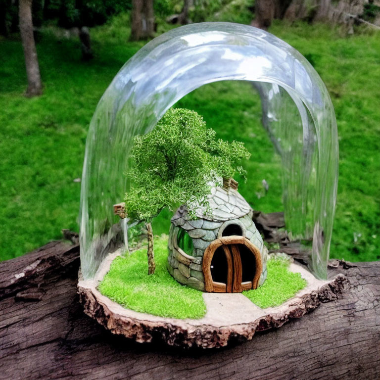 Miniature stone house with green roof and round door under clear dome in garden setting