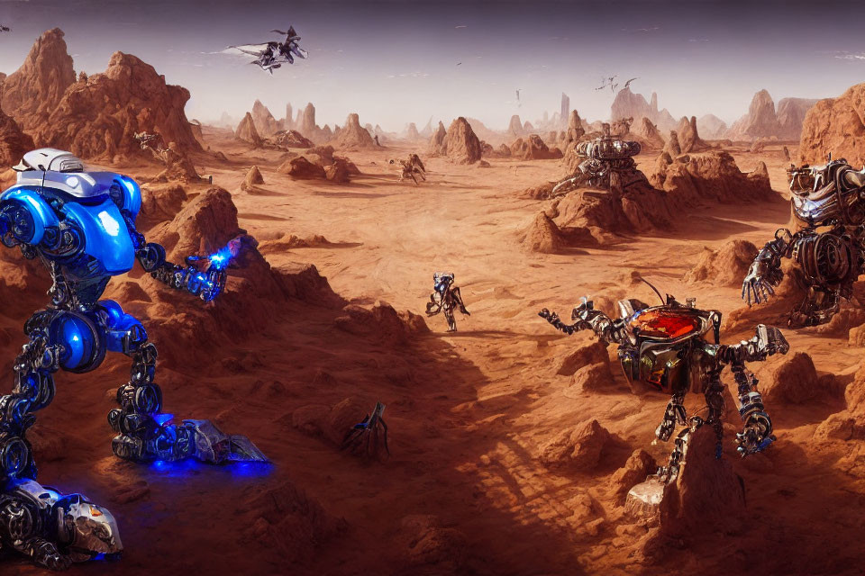 Various futuristic robots on desert landscape with flying crafts
